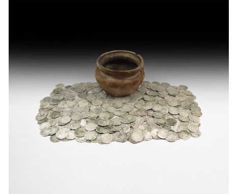 Late 14th-early 15th century AD. An assemblage comprising: a ceramic vessel with flat base, high shoulder and everted rim; an