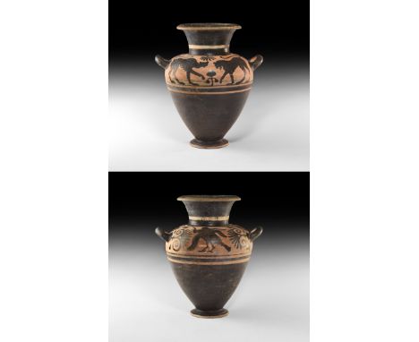 6th-4th century BC. A ceramic black-figure amphora with flared foot, piriform body, broad shoulder and trumpet-shaped mouth, 
