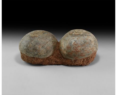 Cretaceous Period, 145-65 million years BP. A large pair of Charonosaurus sp. hadrosaur eggs on matrix retaining evidence of 