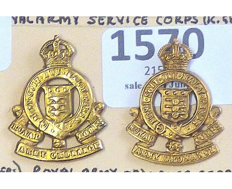 British WWII Officers Royal Army Ordnance Corp Collar badges, (Gilding metal, lugs) 