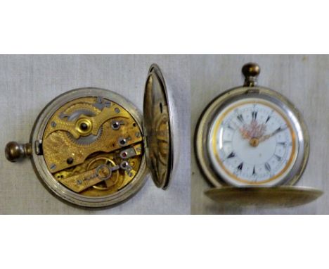 Pocket Watch - A Silver closed case  Swiss French watch, most lovely ornate enamel dial, and hands mid/late 19th Century,(Wor