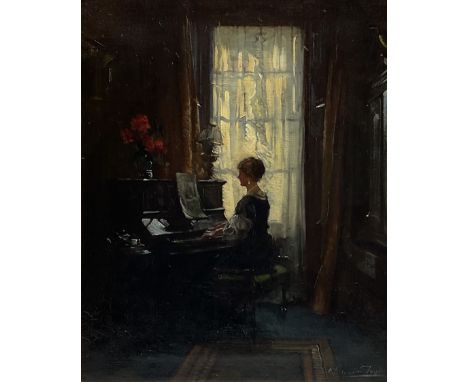 Albert Chevallier Tayler (Newlyn School 1862-1925): Drawing Room Interior with Lady playing the Piano, oil on canvas, signed 