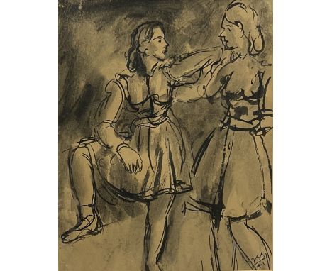 Jean-Georges (J�nos Gy�rgi) Simon (Austro-Hungarian 1894-1968): Portrait of two Girls,  ink and monochrome wash signed with i
