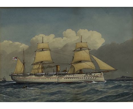 William Frederick Mitchell (British 1845-1914): H.M. Troopship 'Jumna' - Steam Ship Portrait, watercolour heightened in white
