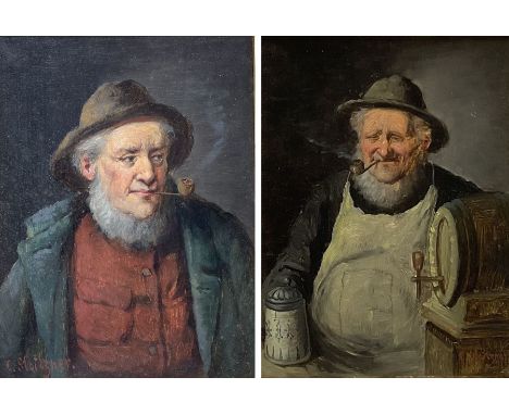 Constantin Stoitzner (Austrian 1863-1934): Men with Pipes, pair portrait oils on panel signed 20cm x 15cm (2) 