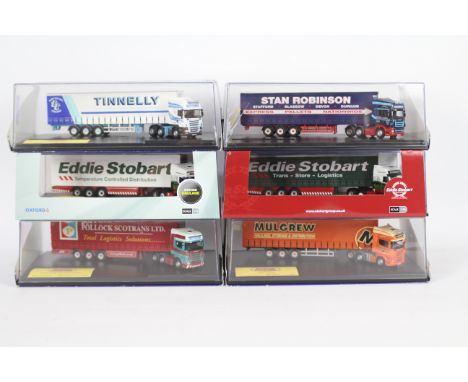 Oxford Diecast - Six boxed 1:76 scale Limited Edition diecast model trucks. Lot includes Oxford Diecast SCA02CS Scania Curtai