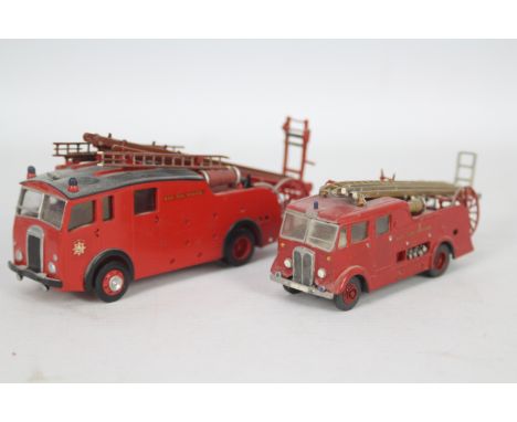 RSH - 2 x white medal Fire Engine models, an RSH branded Dennis and an unbranded AEC. Both are dusty from display and need so