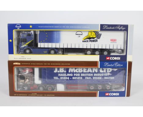 Corgi - Two boxed 1:50 scale Limited Edition diecast trucks from Corgi. Lot consists of CC11906 ERF EC Curtainside 'JB McBean