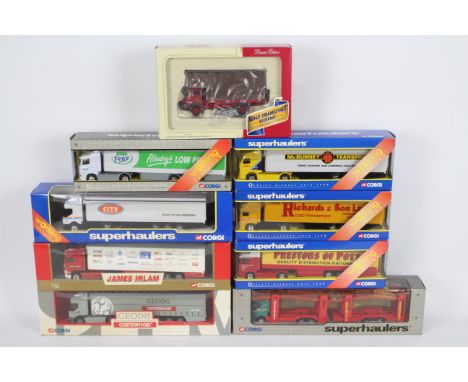 Corgi - Nine boxed diecast model trucks in various scales from Corgi. Lot includes Corgi 'Superhaulers' #TY86803 ERF Curtains