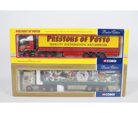 Corgi - A pair of boxed 1:50 scale Limited Edition diecast trucks from Corgi. Lot consists of #76404 Scania Curtainside 'Pres