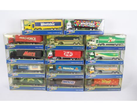 Corgi - An armada of 14 boxed 1:64 scale diecast model trucks from Corgi. Lot includes Corgi #913141 Volvo Tanker 'BP'; #9132