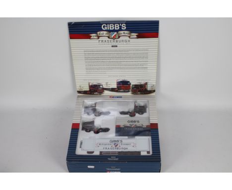 Corgi - A limited edition boxed Gibbs Of Fraserburgh Commemorative set # CC99125 containing 2 x Scania tractor units and a Vo