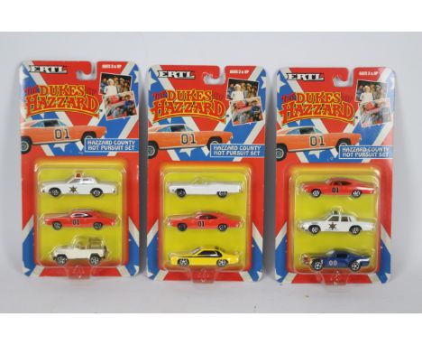 Ertl - Three carded 1:64 scale '#7068 'The Dukes of Hazzard - Hazzard County Hot Pursuit Sets'. The three car sets appear to 