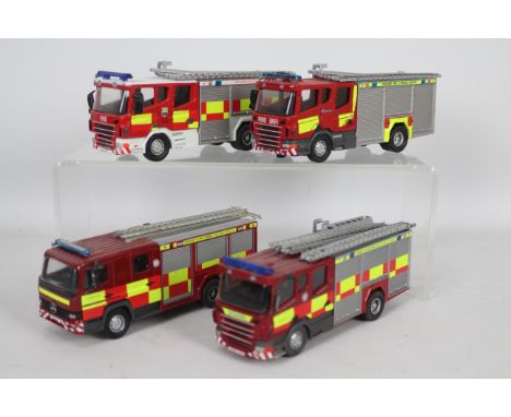 Fire Brigade Models - 4 x unboxed metal and resin models in 1:50 scale, three Scania and one Mercedes. They all have been on 