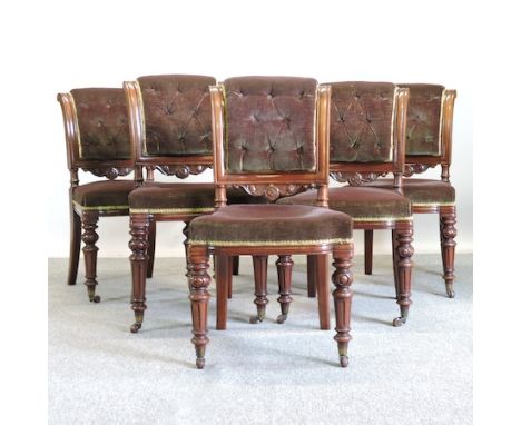 A set of six Victorian mahogany brown upholstered button back dining chairs