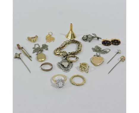 A collection of jewellery, to include a 9 carat gold pendant, stick pins, rings and cufflinks