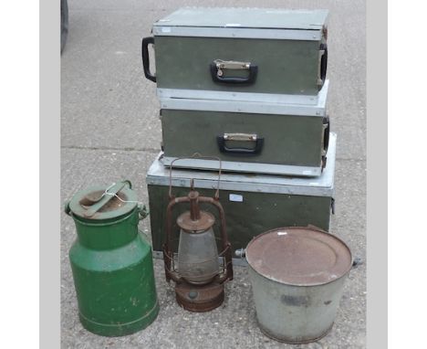A collection of three cases, largest 56cm, together with a feeding bucket, churn and lamp