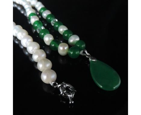 A pearl and jade bead necklace, together with a pearl bracelet