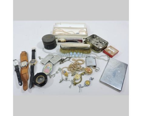 A collection of items, to include a silver backed brush, a compass, costume jewellery, lighters, coins etc