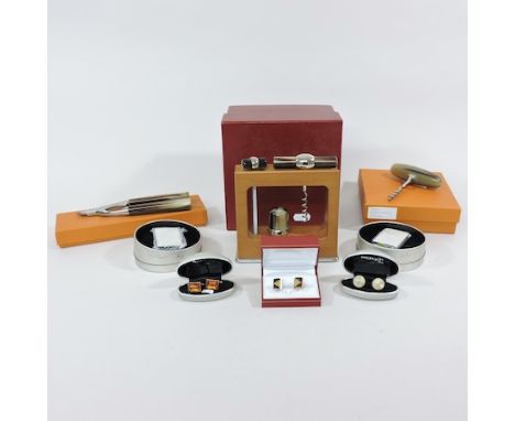 A pair of silver cufflinks, together with two others, two Silk Cut lighters, cased, an Arca nutcracker, corkscrew etc