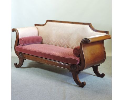 An early 19th century mahogany scroll end sofa, 205cm