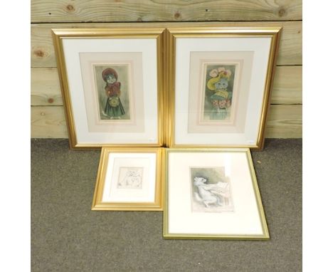 After Louis Wain, Cat, print, 9 x 8cm, together with three Louis Wain coloured engravings