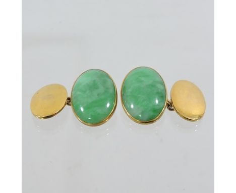 A pair of 18 carat gold jade cufflinks, boxed