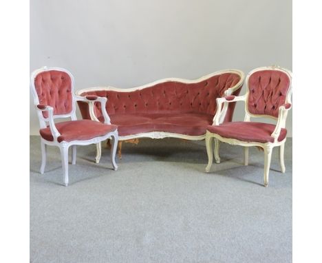 A French style white painted pink button back three piece suite, 150cm