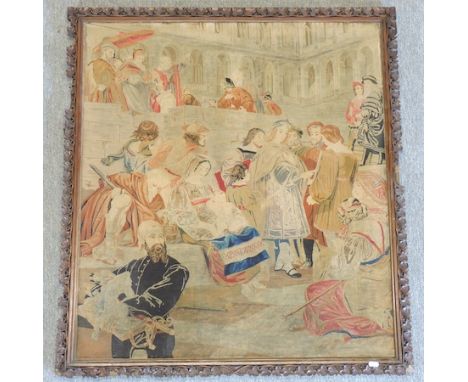 A 19th century tapestry of an interior, in a carved hardwood frame, 104 x 93cm overall