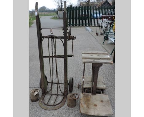 A set of early 20th century cast iron potato scales, by Ward and Silver, Melford, 104cm, together with weights and a sack tro