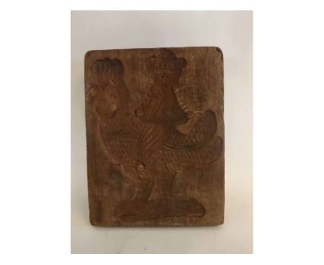 Vintage carved mould of a man riding a chicken with heavy braced back, 26cms wide x 34cms high  