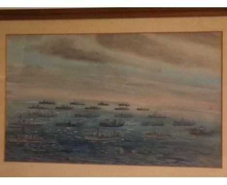 R E Vincent, signed and dated 66, pen, ink and watercolour, A Naval convoy, 33 x 53cms 