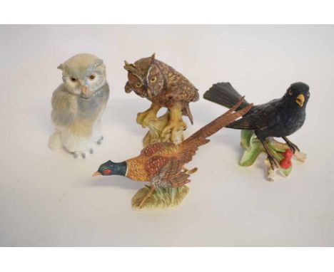 Nao model of an owl together with three Goebel models of a cock pheasant, another owl and a blackbird perched on a twig with 