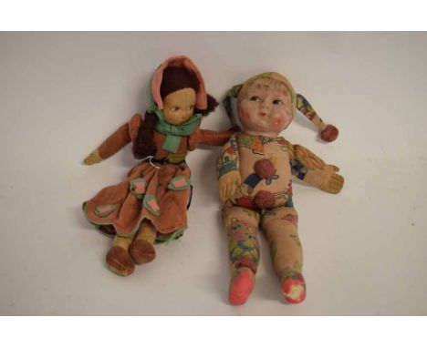Two vintage felt dolls, one by Norah Wellings of a girl with a bonnet, and a further one of a jester in costume, tallest 34cm