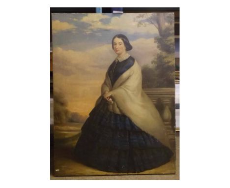 19th century English School, oil on canvas laid to board, Full length portrait of a lady holding a flower, 61 x 46cms, unfram