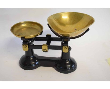 Black metal framed and brass set of scales by The Viking Co, together with a square formed set of graduated weights, a small 