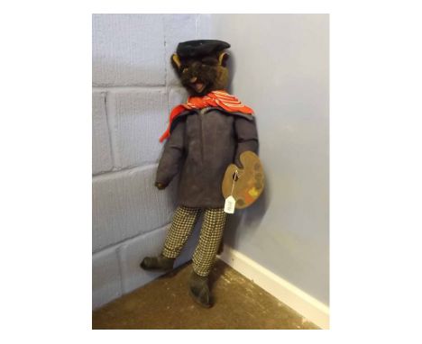 Vintage cat fur covered model of a standing artist with neck scarf and smock, with painting palette to hand, 80cms tall