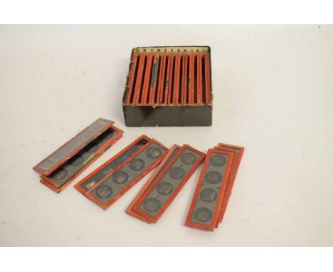 Box containing a quantity of 32 assorted magic lantern slides to include Mickey Mouse etc  