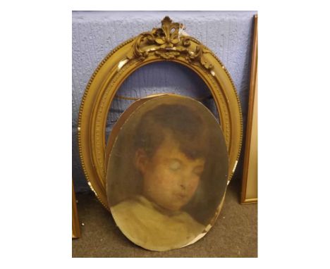 19th century English School, oil on canvas laid to board, Head and shoulders portrait of a young boy, 31 x 24cms, oval  