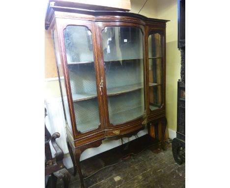 An inlaid Edwardian mahogany china display cabinet, the central glazed door with bow fronted outline flanked by two further p