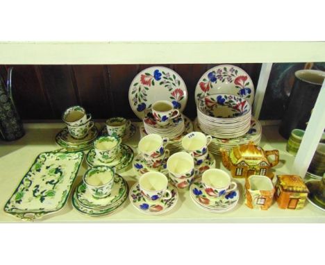 A quantity of Deauville China dinner and tea wares with blue, pink and green stylised floral detail comprising forty two plat
