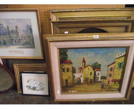 A collection of pictures and prints including an oil painting on canvas of continental town scene with figures and poultry, s