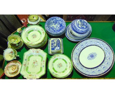 A collection of ceramics including Copeland Spode dinner wares with green and gilt border decoration and printed and infilled