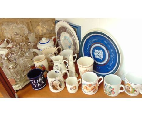 A collection of commemorative wares including a boxed Royal Worcester plate commemorating Margaret Thatcher (boxed), a Royal 