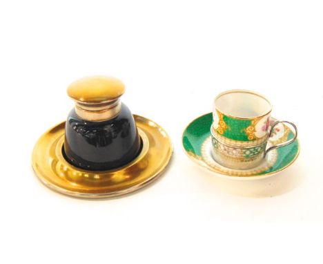 A Moorcroft dark blue ground ceramic inkwell with faint impressed mark to base, with plated mount, cover and stand together w
