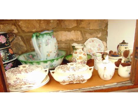 An extensive collection of 19th century and other ceramics including a black ground basin, matching chamber pot, matching jar