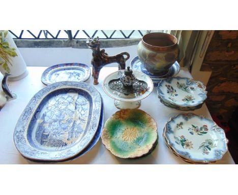 A collection of mainly 19th century ceramics including a Doulton Lambeth Silicon jardinaire with incised oak leaf and other f