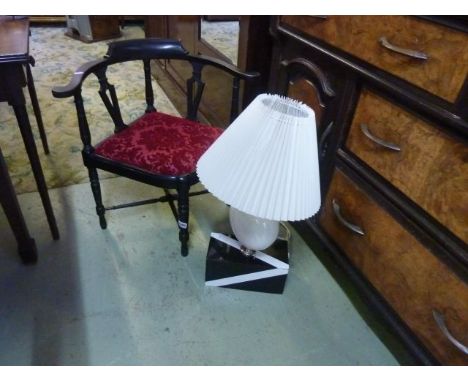 An Edwardian corner chair with upholstered seat and retro lamp with white ceramic bodywork