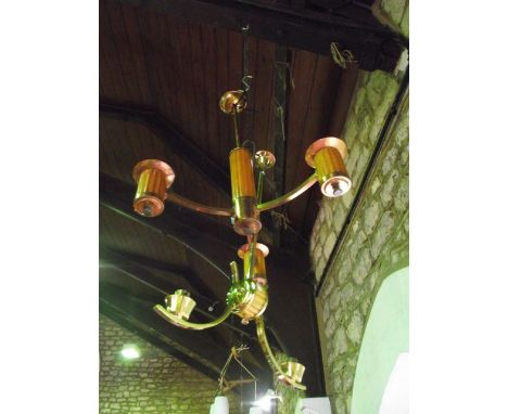 A three branch ceiling light, principally in copper in the Art Deco style, together with a similar brass two-divisional examp