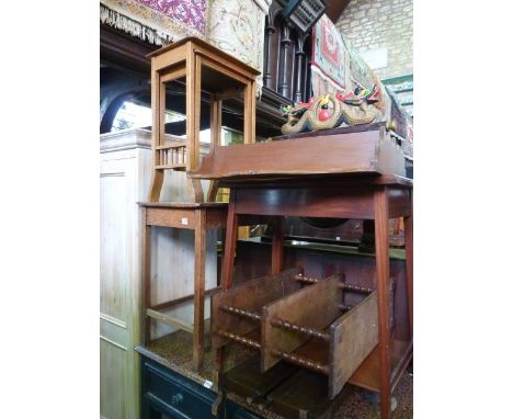 An oak two tier wall shelf on bobbin supports, folding triple mirror, small oak occasional table, further pair of graduated o